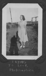 Joan at camp in 1939, "Trying to look philosophical."