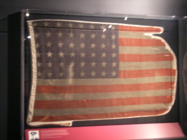 Flag that was carried on Landing Craft, Tank, Rocket 439 on D-Day;  photo from National World War II Museum, New Orleans.
