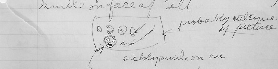 November 14, 1938.  Doodle by Joan of her class and teacher laughing at her trying to find Volume 1 (not 2) of Thucydides.  She has lost a tooth.
