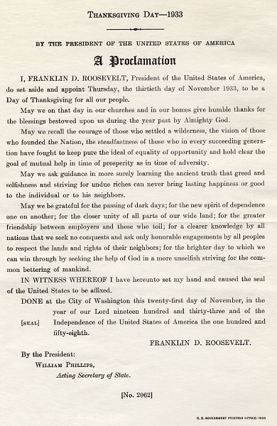 Thanksgiving Proclamation 1933