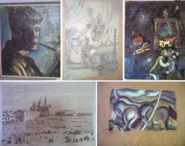 A sampling of works from the spectacular Munich find, clockwise from top left: An unknown self-portrait by Otto Dix thought to date to 1919, a Biedermeier-style etching of a couple playing music by Carl Spitzweg (1808-1885), a painting by Belarusian-French artist Marc Chagall (1887-1985), an etching of Padua by the Italian painter Canaletto (1697-1768) and "Landscape with Horses" by German painter Franz Marc. From the Spiegel article noted in this post.