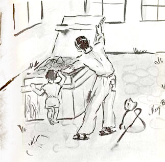 This illustration by Mary shows how people tried to find food in the courtyard.