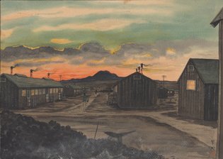 A watercolor by Charles Erabu Mikami depicting the Topaz internment camp in Utah. Charles Erabu Mikam, via Beinecke Library, Yale University 