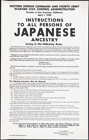 Posted prominently in public, posters like this one instructed "all person's of Japanese ancestry" to report for "evacuation" by April 3, 1942. Many internees lost their property as they rushed to store and sell their belongings to pack only what they could carry. From http://bit.ly/1XHnFAa